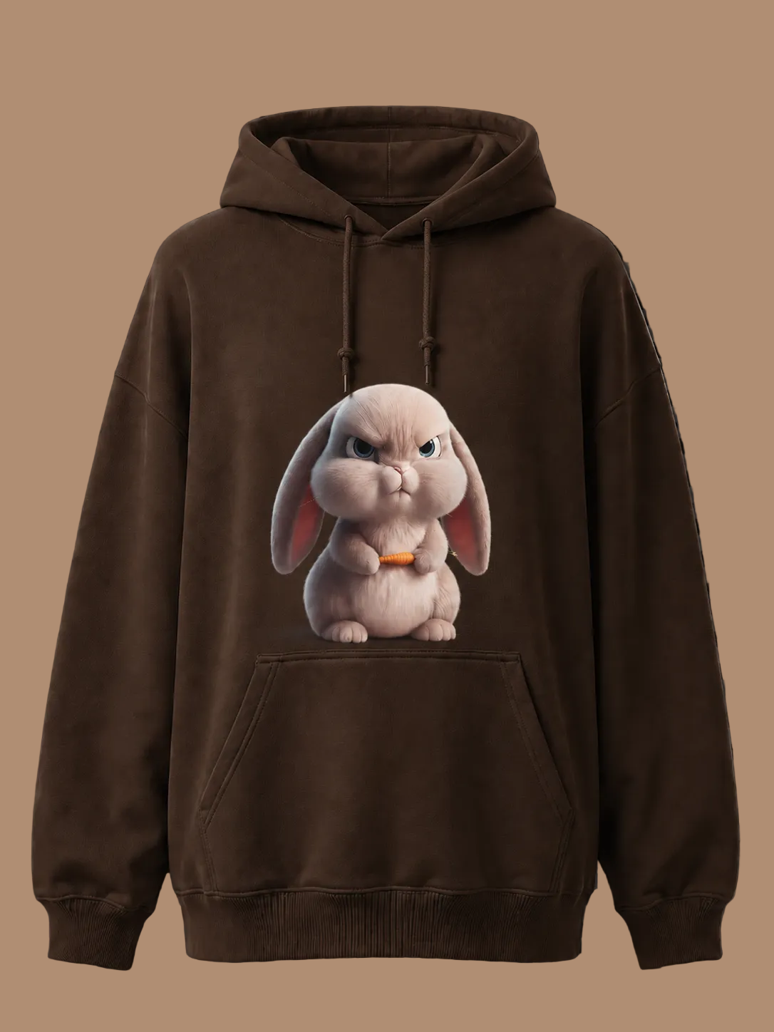 Cocoa brown hoodie featuring the Floppers grumpy bunny print